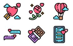 the icons are colorful and have hearts, flowers, and other things in them on white background