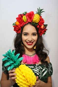 Faux red flowers and fruits that rest on a plastic headband. Perfect for adults and children as young as 4 y.o. STARFRUIT IS ALL YELLOW Great addition to any party or as part of your costume! Contact us about bulk orders! Havana Nights Party Attire, Havana Nights Party Attire Women, Fruit Headband, Watermelon Costume, Nyc Halloween, Havana Nights Party, Mexican Halloween, Luau Outfits, Fruit Costumes