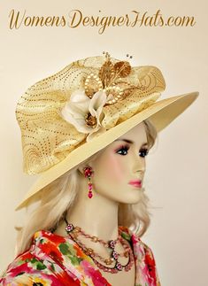 Banana Ivory Wide Brim Kentucky Derby Hat For Women. This Hand Made Fashion Hat Is Trimmed With A Yellowish Ivory Organza Bow, With Metallic Gold Circles. Placed Around This Beautiful Bow, Are Ivory Silk Millinery Flowers, And Metallic Gold Custom Dyed Velvet Flowers With Gold Sequin. This Designer Custom Made Hat Is A Show Stopper. A Perfect Kentucky Derby Or Kentucky Oaks Horse Racing Hat. Custom Made And Designed By Women's Designer Hats, www.womensdesignerhats.com

This dress hat is suited for Winter, Spring, Summer And Fall.

Material: Polypropylene : Yellowish Ivory Straw Braid : Condition Is New
Head Size: 22.5 Inches
Crown Width: 7 Inches : Style Wide Brim, measures 5"

Thank you for shopping with Women's Designer Hats for your millinery headwear needs. All Sales Are Final.

https: Hats For Weddings, Mother Of The Bride Hats, Church Lady Hats, Formal Hat, Statement Hat, Preakness Stakes, Custom Made Hats, Royal Ascot Hats, Occasion Hats