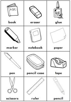 the worksheet is filled with different things to learn in this language, including scissors, glue, pencils and paper