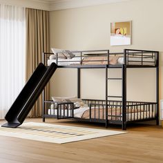 Twin over Twin Size Metal Bunk Bed with Slide and Guardrails