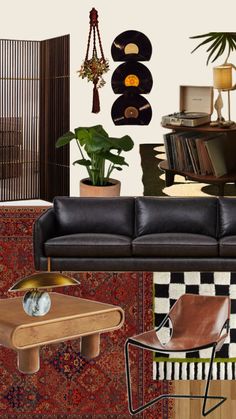 a living room filled with furniture and lots of plants on top of the wall next to a coffee table