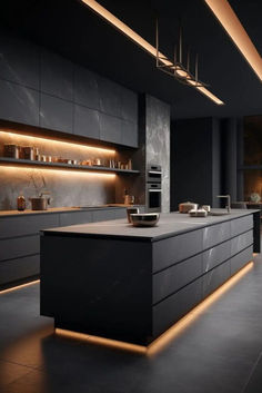 a modern kitchen with black cabinets and lighting