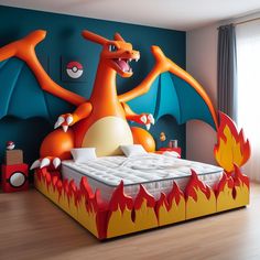 a bed with an orange dragon on it