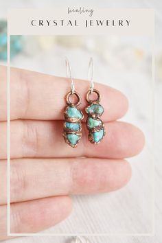 Your raw turquoise earrings collection is not complete without turquoise dangle earrings. Handmade with healing crystals and natural stones, this turquoise and copper earrings awakens the wild woman. The turquoise drop earrings is made with electroformed copper, making each piece unique and one of a kind, just like you. Embrace your intuitive nature and click through to see more raw turquoise stone jewelry! Turquoise Dangle Earrings, Earrings Stone, Turquoise Drop Earrings, Turquoise Earrings Dangle, Earrings Turquoise