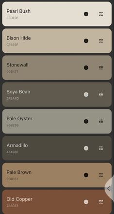 an iphone screen showing the colors and names of different types of paint samples in various shades