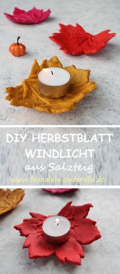 the diy herbstatt windlight is sitting on top of a leaf shaped candle holder