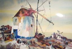 a painting of a windmill in the snow