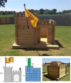 a wooden structure with a flag on top and an image of a castle in the background