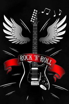 an electric guitar with wings and a red ribbon around it that says rock n'roll