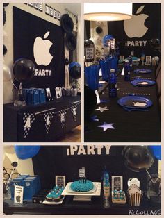 an apple themed party with blue and black decorations