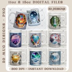 coffee mugs with different designs on them and the words, digital files for you to use