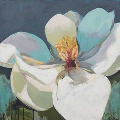 a painting of a white flower with blue background