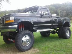 a large black truck parked on top of a lush green field