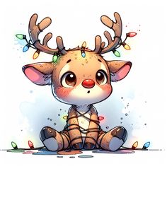 a cute little deer with christmas lights on its antlers sitting in front of a white background