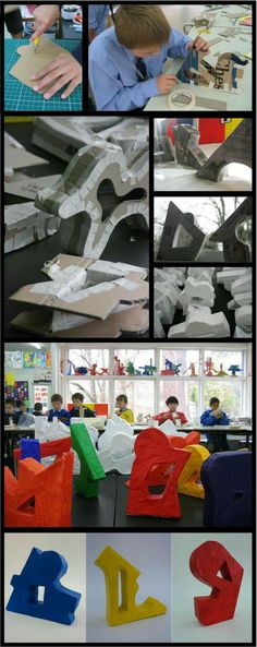 several different pictures of various shapes and sizes of objects in the process of making letters