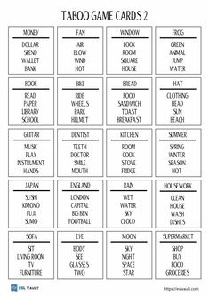 printable game cards with words and pictures on them