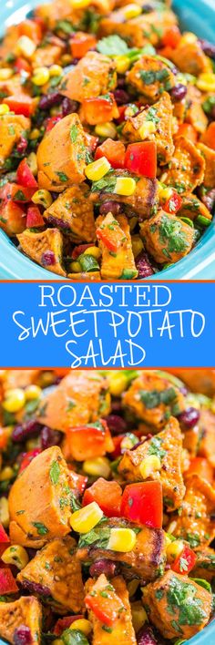 roasted sweet potato salad in a blue bowl with text overlay that says roasted sweet potato salad