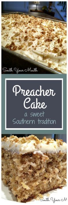 a cake with white frosting on top and the words preacher cake written above it