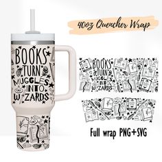 a mug with the words books turn mugs into wands and stars on it