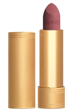 What it is: A matte-finish lipstick that delivers intense vivid color with a single stroke.What it does: Delivering bright and rich lip color with a soft and velvety feel, the texture of Rouge à Lèvres Mat Matte Lipstick has a silk-like, comfortable finish that won't dry out your lips or smudge. Its gold metal-colored tube is precise and elegant, with evenly spaced narrow ribbed grooves etched vertically into its length.How to use: Apply to lips. Use the sharp edge of the bullet to contour. Styl Gucci Lipstick, Mat Lipstick, The Painted Veil, Gucci Makeup, Motif Art Deco, Lipstick Tube, Lipstick Collection, Lip Colour, Diy Kits Gift