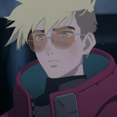 an anime character with blonde hair and glasses looking at the camera while wearing a red jacket