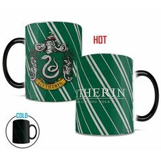 harry potter mug with sly crest on the front and hog potter house logo on the back