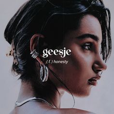 a woman with earrings on her neck and the words george f honesty in front of her