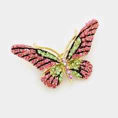 Style No : [343150] Br1173-Pk-Gn Color : Pink, Green Theme : Butterfly Size : 1.6" X 1" Crystal Rhinestone Pave Butterfly Pin Brooch Pageant Earrings, Crystal Wedding Jewelry, Special Occasion Jewelry, Bling Necklace, Butterfly Pin, Gold Brooch, Buy Crystals, Retro Jewelry, Pin Pendant