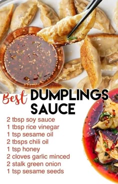 the best dumplings sauce recipe is shown on a plate