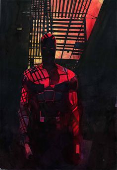 a painting of a man dressed as spider - man standing in front of some stairs