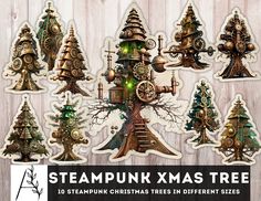 steampunk christmas trees in different sizes and styles on wooden background with text that reads steampunk xmas tree 10 steampunk christmas trees in different sizes