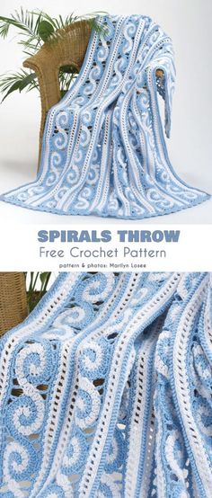 a blue and white crochet afghan with the words spirals throw on it