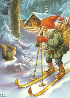 a painting of a santa claus skiing in the snow next to a squirrel on skis