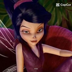 an animated image of a fairy sitting on a chair with her hand on her hip