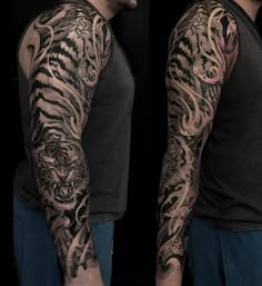 a man with a tiger tattoo on his arm and half sleeve is standing in front of a black background