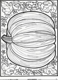 a coloring page with an image of a squash in the center, surrounded by leaves and flowers