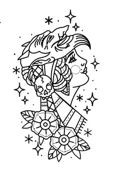 a black and white drawing of two girls with stars