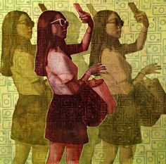 a painting of three women standing in front of each other with their hands up to the side