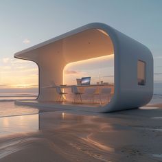 an unusual white structure on the beach with chairs and tables in front of it at sunset