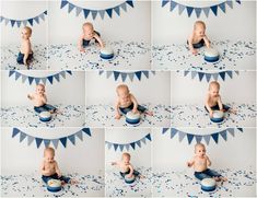 a collage of photos showing a baby sitting in a diaper on a blue and white cake