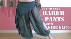 a woman is dancing in a skirt with the words how to make harlem pants with side slits