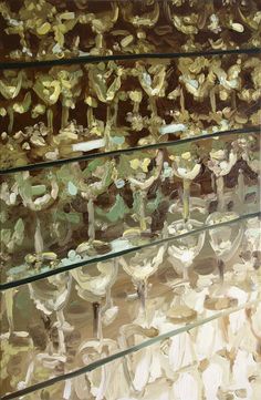 an abstract painting of glass shelves filled with flowers