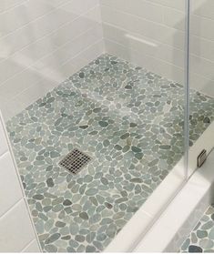 a bathroom with a glass shower door and tile flooring in the shower stall area