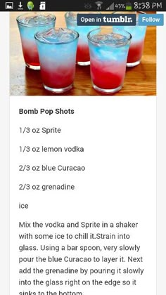 Bartender Drinks Recipes, Pop Drink, Fun Drinks Alcohol, Bartender Drinks, Cocktail Drinks Alcoholic, Bomb Pop, Mixed Drinks Alcohol