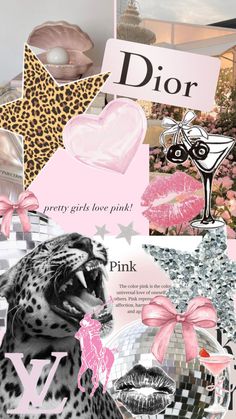 a collage of pink and black images with leopard, lips, lipstick, star shaped objects