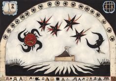 an artistic painting with black and red designs on it's border, surrounded by stars