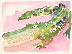 a watercolor drawing of an alligator's head and its teeth, on a pink background