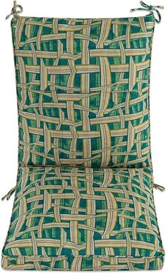 an outdoor chair cushion with green and yellow patterns