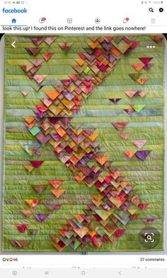 a green quilt with many different colored triangles on the front and back of it,